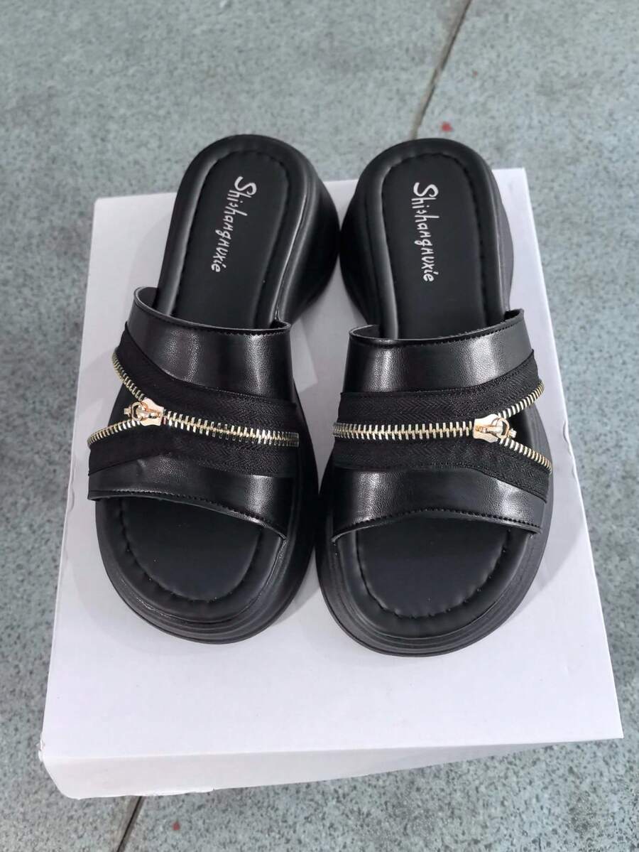 Dép lê nữ kiểu Bohemian bằng da giả có khóa kéo, thích hợp cho các bữa tiệc, mùa xuân/hè. - màu đen - Xem 1