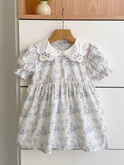 女童碎花连衣裙，新款夏季连衣裙，适合幼儿和小女孩，法式乡村风格刺绣花朵领公主裙