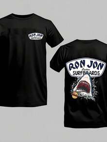 Surfboards Shark Graphic T-Shirt, Men's Beach Surf Short Sleeve Tee, Summer Casual Wear - 黑色 - 查看 1