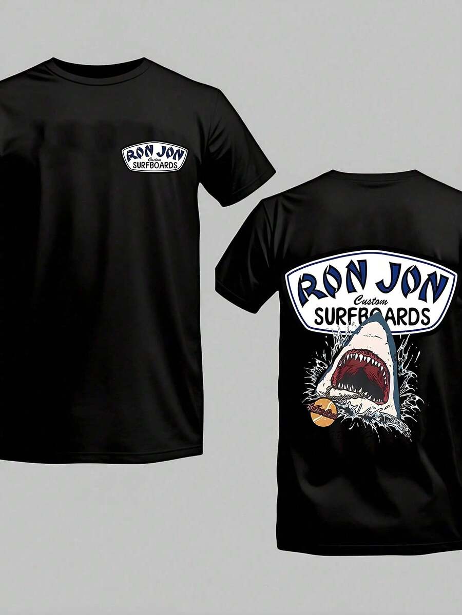 Surfboards Shark Graphic T-Shirt, Men's Beach Surf Short Sleeve Tee, Summer Casual Wear - 黑色 - 查看 1