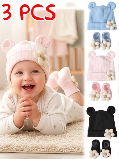 3件套婴儿花卉装饰帽子袜子套装（0-6个月/6-12个月），可爱熊耳针织帽搭配防滑地板袜，柔软透气，日常穿着和拍照皆宜，多种颜色可选