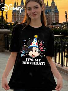 Disney Women's Casual Cotton Minnie Mouse 'It's My Birthday!' Graphic Print Oversized T-Shirt With Round Neck And Short Sleeves For Everyday Wear - màu đen - Xem 1