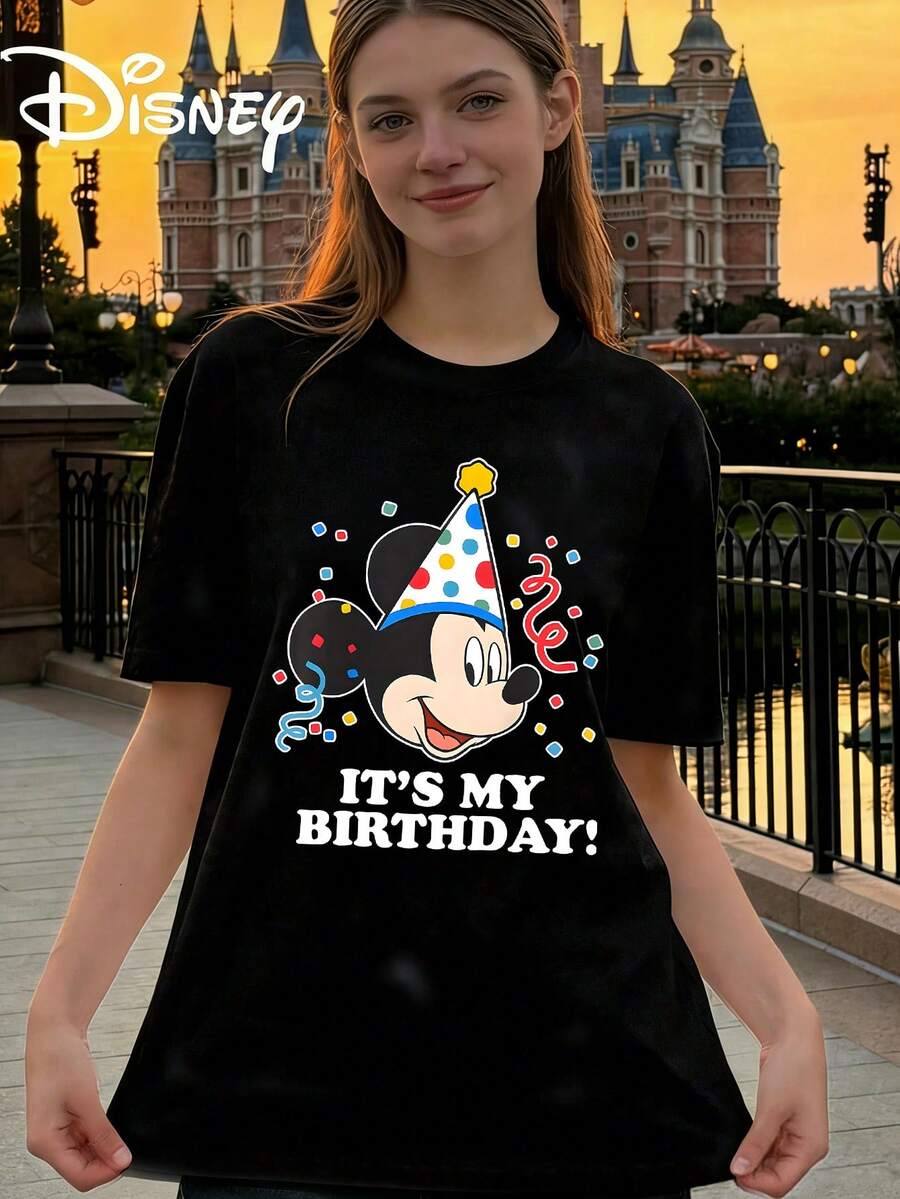 Disney Women's Casual Cotton Minnie Mouse 'It's My Birthday!' Graphic Print Oversized T-Shirt With Round Neck And Short Sleeves For Everyday Wear - màu đen - Xem 1