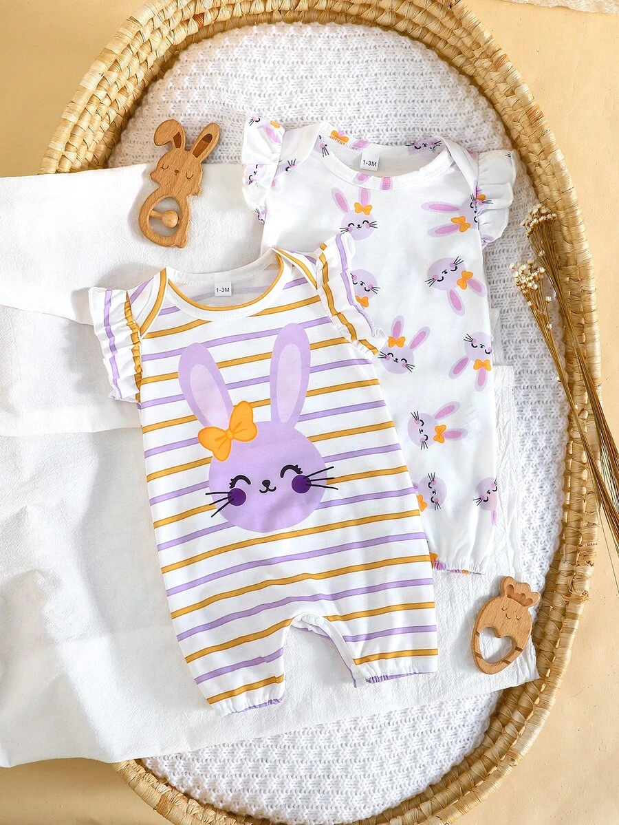 2pcs/Set Newborn Baby Girls Cute Rabbit Pattern Romper & Striped Jumpsuit, Infant Daily Wear - Purple - View 1