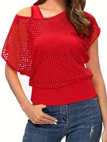 2pcs Women's Set: Neon Red Casual Fashionable Vacation Off-Shoulder Fishnet Cover-Up T-Shirt + Camisole, Spring/Summer - Red - View 3