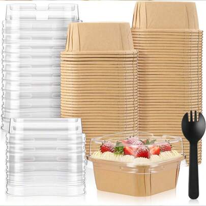 100/40/20 Khay nướng dùng được trong lò vi sóng có nắp đậy, dung tích 6 ounce (khoảng 170,1 gram), cốc đựng tráng miệng đóng gói trong cốc giấy vuông đựng bánh cupcake, khay bánh mì bằng giấy sáp, hộp đựng thực phẩm dùng một lần, bát, thích hợp cho bánh ngọt, kem, sữa chua, đồ ăn tiệc tùng.