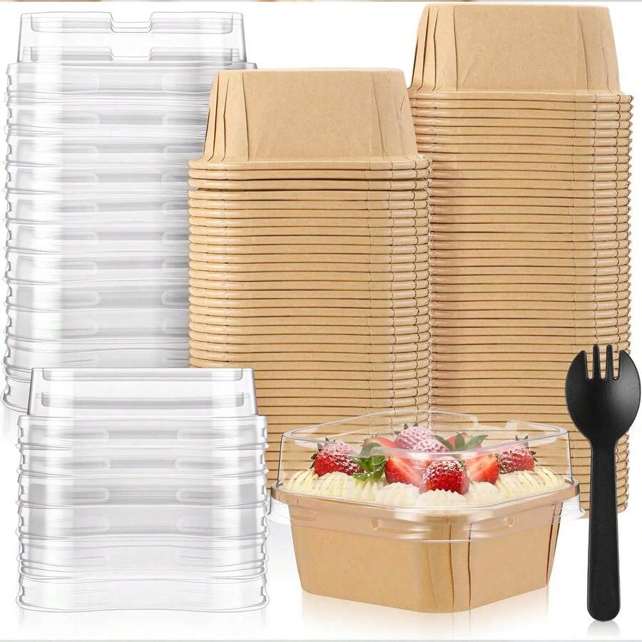 100/40/20个装微波炉适用烘焙托盘，带盖，6盎司（约170.1克）甜点杯，包装在方形纸杯蛋糕杯、蜡纸面包托盘、一次性食品容器、碗中，适用于蛋糕、冰淇淋、酸奶、派对食品。 - 彩色 - 查看 1