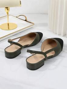 2026新款加大码后系带凉鞋女平底方头真皮鞋百搭法式优雅低跟混色中跟经典复古女鞋 - 軍綠色 - 查看 4