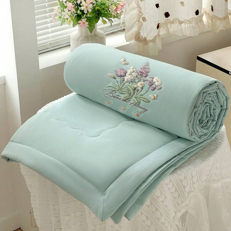 Lightweight Solid Color Washed Summer Quilt, Soft And Comfortable Skin-Friendly Thin Blanket For Bedroom, Living Room And Office, Suitable For Single And Double Bed, Minimalist Machine Washable Summer Comforter (1 Quilt, No Pillowcase) - Butterfly Whispers and Floral Fragrance - Cyan - View 1