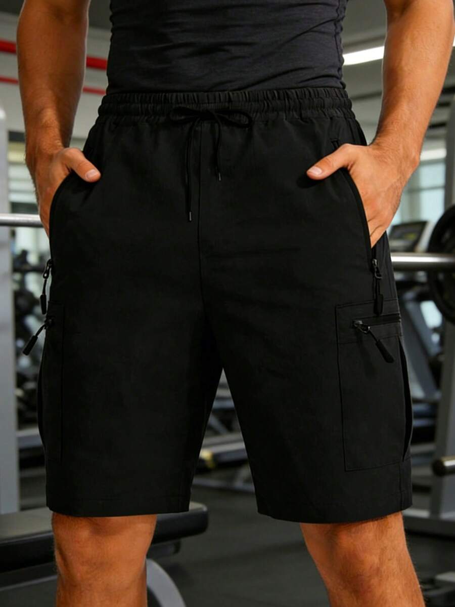 男士夏季休闲工装短裤，多口袋户外徒步速干透气短裤 - 黑色 - 查看 1