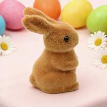 Easter Flocked Bunny Decor Cute Moss Rabbit Figurines Desktop Decorations For Living Room Farmhouse Home - Brown - View 4