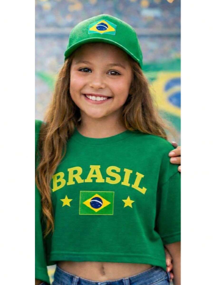 Cropped Oversized T-Shirt For Children 2 To 15 Years Old - BRAZIL / WORLD CUP! - 黃綠/綠色 - 查看 1