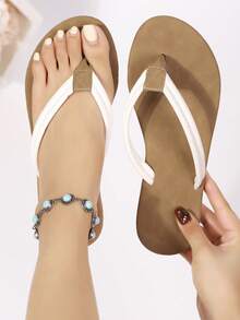 女士棕色平底人字拖，时尚夏季休闲沙滩旅行防滑鞋底度假放松沙滩鞋 - 白色 - 查看 4