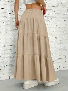 Plus Size Women Solid Color Elastic Waist Tie Patchwork A-Line Long Skirt Summer - Khaki - View 2