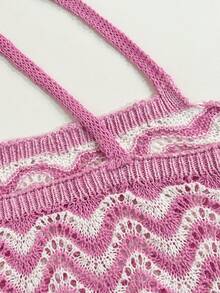 Fashionable Women's Cover-Up Dress, Elegant Women's Pink Spaghetti Strap Lightweight Off-Shoulder Hollow-Out Design Knit Dress, Comfortable & Breathable - Pink - View 7