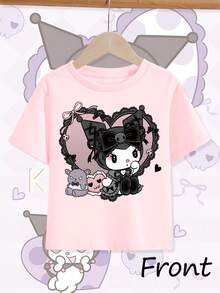 [Authorized] Cute And Cool Lolita Kuromi Print Sanrio Girl's Summer Round Neck Casual T-Shirt Slightly Stretchy Fabric Suitable For Birthday Gifts Ideal For Daily Activities, Sports, And Travel Summer T-Shirts For Girls - 粉色 - 查看 2