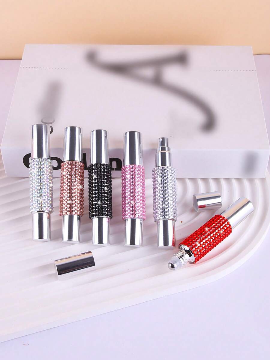 1pc 10ml Refillable Perfume Bottle With Rhinestone Dual-Head Spray & Roll-On Design, Empty Cosmetic Container For Travel - View 1