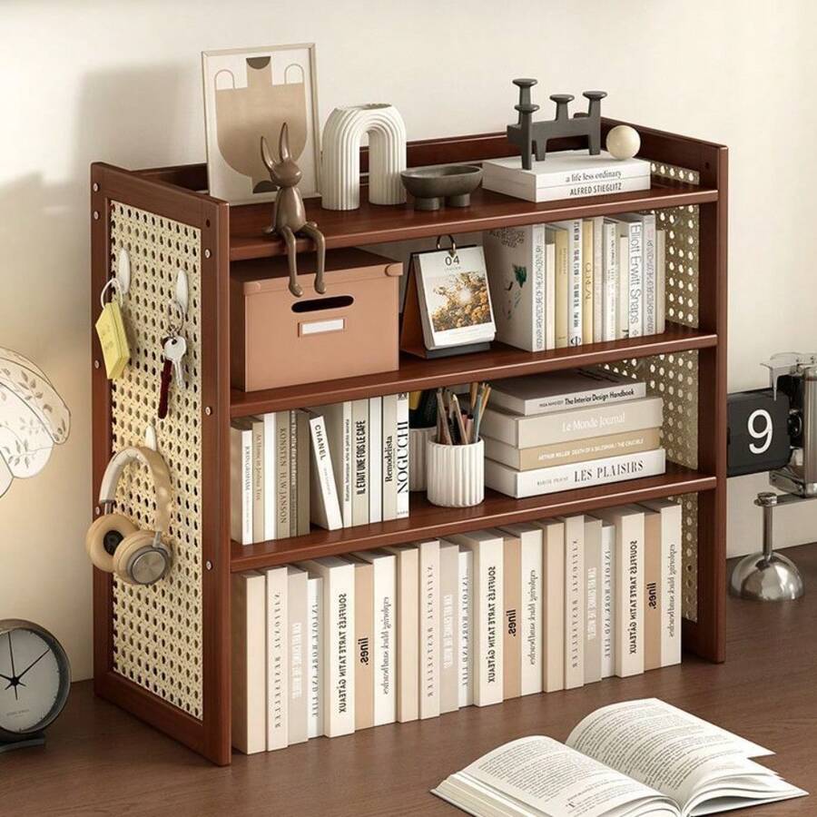 Multi Layer Partitioned Simple Desktop Storage Rack, Storage Bookshelf, Perforated Board Office Workstation Organization, Cup Holder And Other Storage Organization - Three-tiered, 50cm Long [Includes 6 Hooks] - View 1