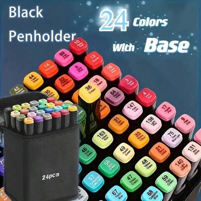 24 Colors Marker Pen Set, Double-Ended Design (Chisel Tip & Fine Liner), Bleed-Proof, Suitable For Adult Coloring Books, Painting, Calligraphy, Sketching - Professional Art Supplies, Ideal For Manga, Pastel, Watercolor Effects, Coloring Text