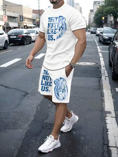 3D Digital Print "THEY NOT LIKE US" Lion Graphic Short Sleeve T-Shirt And Drawstring Shorts 2-Piece Set, Summer Outdoor Fitness New Casual Sportswear For Men