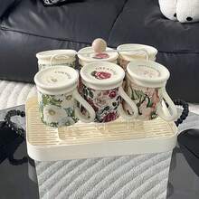 1 Set Of 6pcs 300ml [With 3pcs Spoons] Retro Glazed Floral Mugs, Heat-Resistant Ceramic Tea Cup Set, High-End Housewarming Gift - Multicolor - View 7