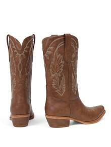 Women's Vintage Embroider Western Cowboy Boots Fashion Chunky Heels Pointed Toe Pull On Casual Party Retro Mid Calf Cowgirl Boots Woman - 棕色 - 查看 7