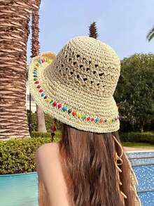 Women's Straw Bucket Hat, Crochet Woven Beach Foldable Sun Hat, Wide Brim Woven Cap For Summer UV Protection, Travel Essential - Multicolor - View 5