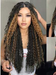 棕色挑染长卷发蕾丝前假发，适合，13*4*1 无胶蕾丝卷发假发，预先拔毛，深波浪蕾丝前假发，非洲蓬松卷曲合成蕾丝假发，32英寸 - 挑染棕色 - 查看 1