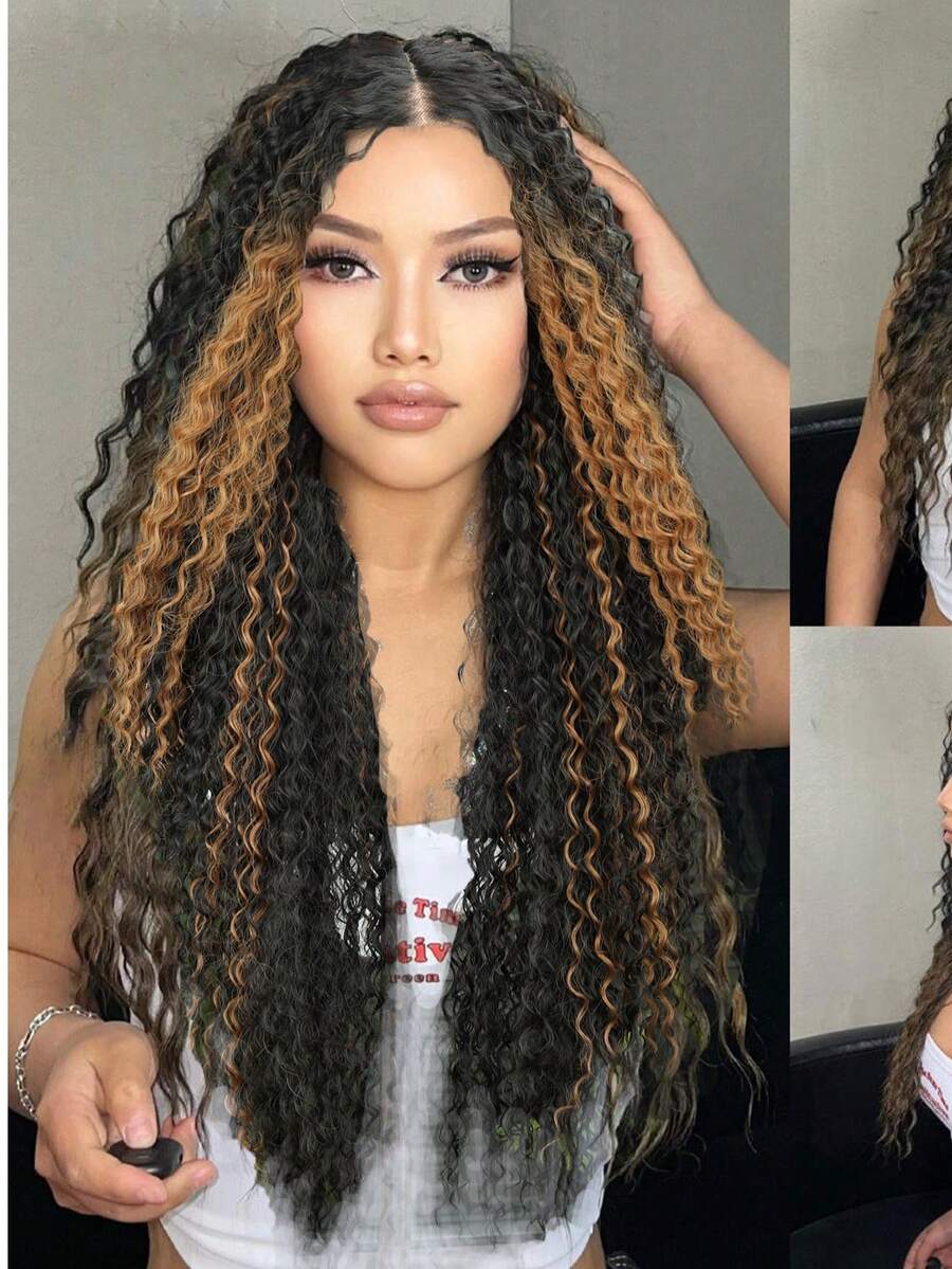 棕色挑染长卷发蕾丝前假发，适合，13*4*1 无胶蕾丝卷发假发，预先拔毛，深波浪蕾丝前假发，非洲蓬松卷曲合成蕾丝假发，32英寸 - 挑染棕色 - 查看 1