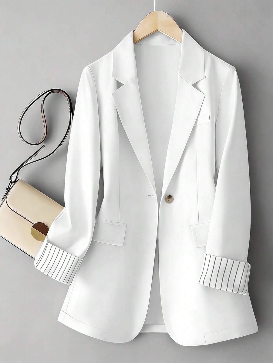 Áo blazer nữ tay dài kẻ sọc phối nhiều mảnh, cài một nút, dáng suông, màu trắng, mùa xuân. - trắng - Xem 1