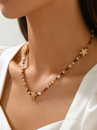 1pc Fashionable, Sexy, Elegant, Delicate Summer Vibe Personalized Pearl & Starfish Beaded Necklace, Versatile For Women's Daily Casual, Party, Music Festival, Beach Vacation Outfits