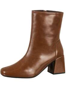 Women's GiGiL Boot, Square Toe, Medium Block Heel, Short Shaft, Patent Leather, Casual, Classic, Elegant, Comfortable - Lạc đà - Xem 2