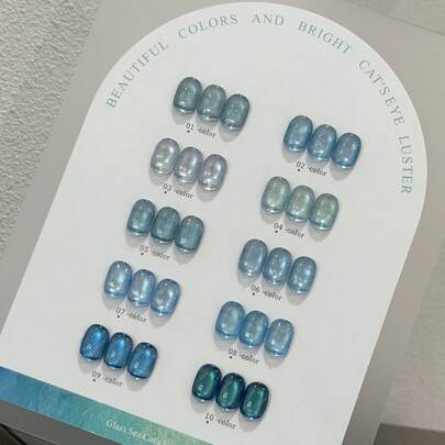 10毫升蓝色指甲油，冰蓝色玻璃珠猫眼凝胶指甲油，2026新款10色系列，清爽海洋蓝绿色猫眼磁性指甲油，适合沙龙DIY和家庭使用