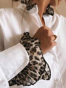 1 pieza Camisa de mujer con botones y cuello de solapa con estampado de leopardo y unicolor de poliéster, adecuada para uso diario y festivales, primavera, verano, otoño blanco - Blanco - Ver 6