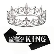 國王皇冠與生日肩帶，男士國王皇冠，金色男士王子頭飾，皇家中世紀角色扮演生日派對萬聖節髮飾，適用於21、30、40、50、60、70和80歲男士派對裝飾禮物 - 彩色 - 查看 21