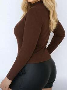 Women's High Neck Blouse With Fleece Lining, Ribbed Knit, Long Sleeves, Winter, Autumn, Thermal Base Layer, Fitted, Fashion Blogger Style - Rust Brown - View 3