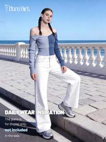 DonsGirl 1 Buah Atasan Rajut Lengan Panjang Balletcore Wanita dengan Blok Warna, Sweater Dua Warna Tanpa Bahu, Pullover Pemanasan untuk Latihan Tari & Pakaian Kasual Sehari-hari - Dusty Blue - View 4