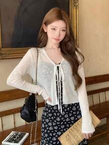 轻薄休闲开衫毛衣，甜美风格，长袖外套，女士春夏款 - 杏色 - 查看 2