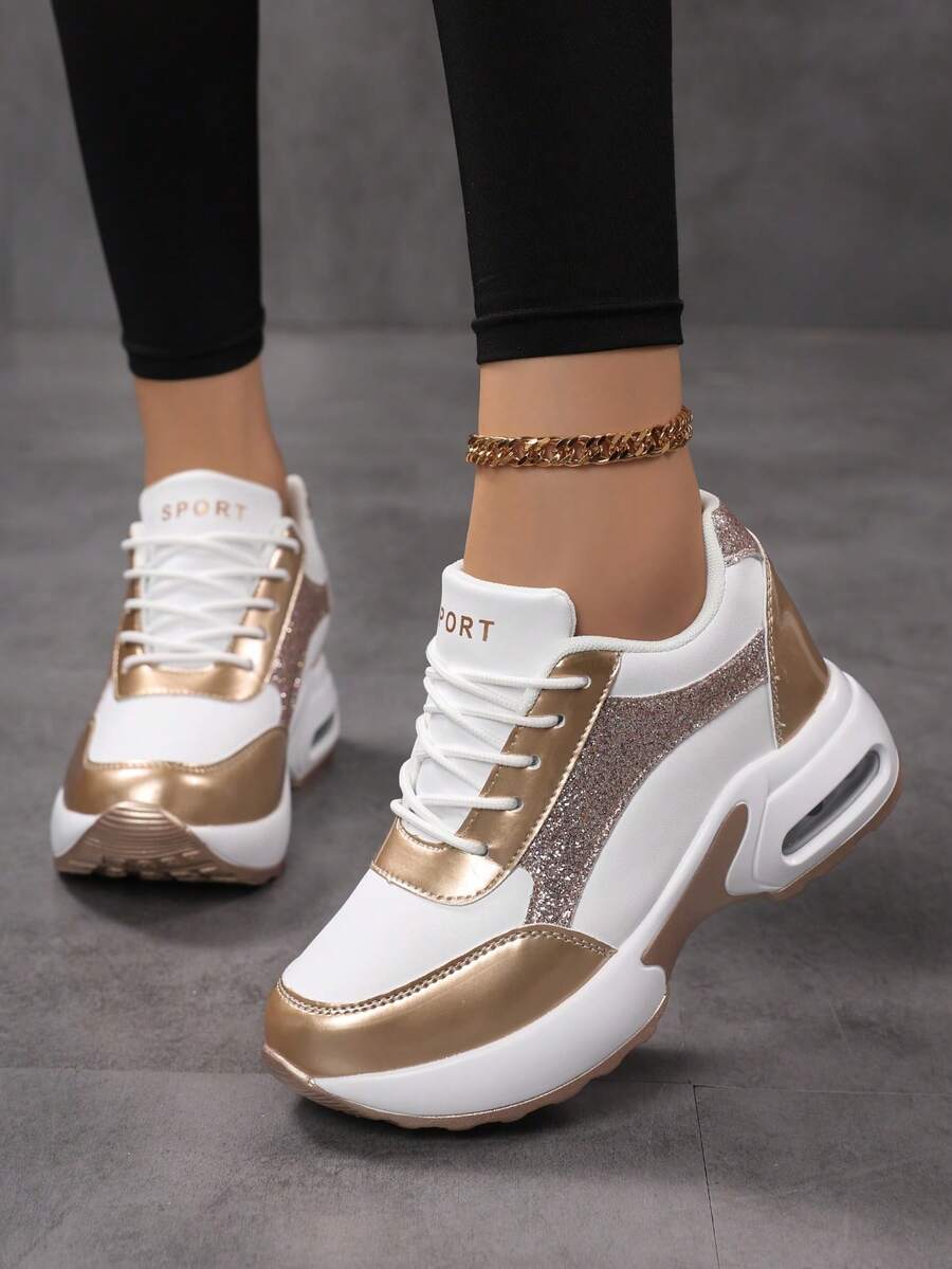 SOSENFER 女士休闲运动鞋，轻便舒适，采用百搭的隐藏式坡跟设计。女鞋 - 白金 - 查看 1