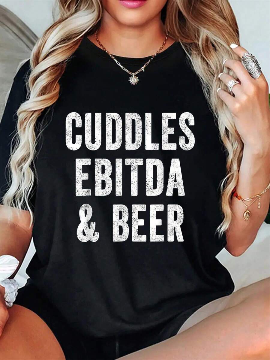 Camiseta divertida de verano para el Día del Padre, con texto "EBITDA y cerveza", para mamá contable, papá con cerveza artesanal, manga corta, cuello redondo, informal, para verano y primavera, ropa de mujer. - Negro - Ver 1