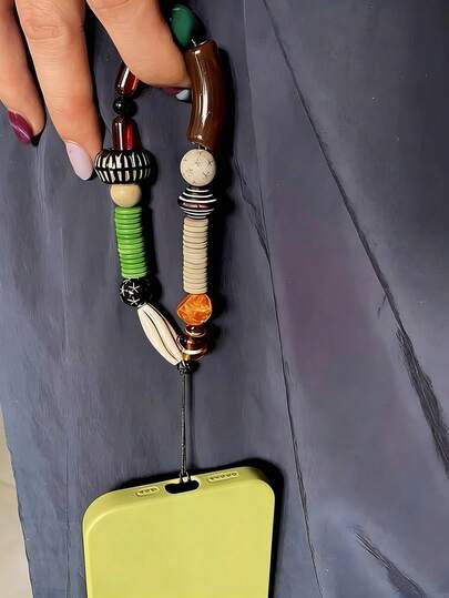 1条复古撞色串珠手机挂绳，独特贝壳挂带设计，防丢腕带手机挂饰