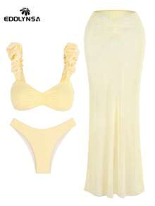 2pcs Women Summer Beach Set, Yellow Twist Bikini 3pcs Swimsuit With Ruffle Maxi Skirt, Fashion Beach Holiday Pool Party Outfit - Yellow - View 5