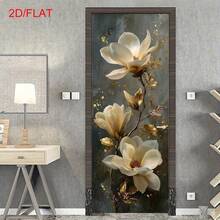 1/2 pièce Autocollant de porte, décoration de porte auto-adhésive et amovible, art floral de magnolia, ornement de feuille d'or, design floral élégant, autocollant mural, décoration de maison, salon, chambre à coucher, entrée, facile à appliquer et à décoller, plat 2D. - Style 1 - Voir 4