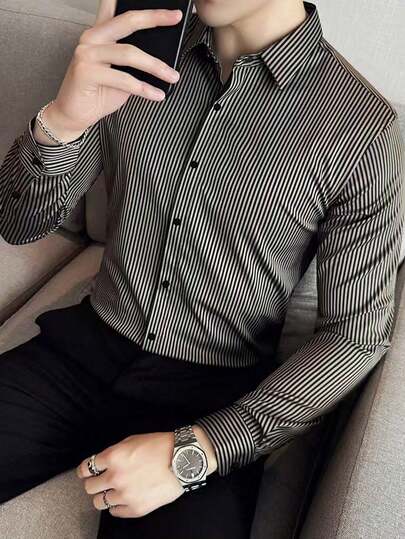 camisa de vestir hombre camisa hombre ropa de hombre Camisa de manga larga con rayas estampadas, de estilo casual elegante para hombres, para el otoño Adecuado para la temporada de graduación, festivales de música y temporada de bodas.