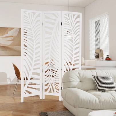  COSTWAY 3-Panel Room Divider, 170 Cm Freestanding Privacy Screen W/ Natural Paulownia Wood Frame, Hollow-Out Foliage Patterns, Partition Wall Dividers For Home, Restaurant, Office, No Assembly Needed, White