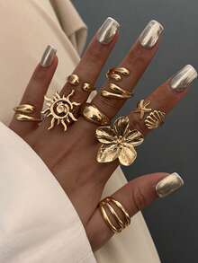Set de 8 piezas de anillos de estilo bohemio de verano con diseños retro lisos, conchas marinas, estrellas de mar, florales, gotas de agua y en forma de estrella - Amarillo Oro - Ver 2