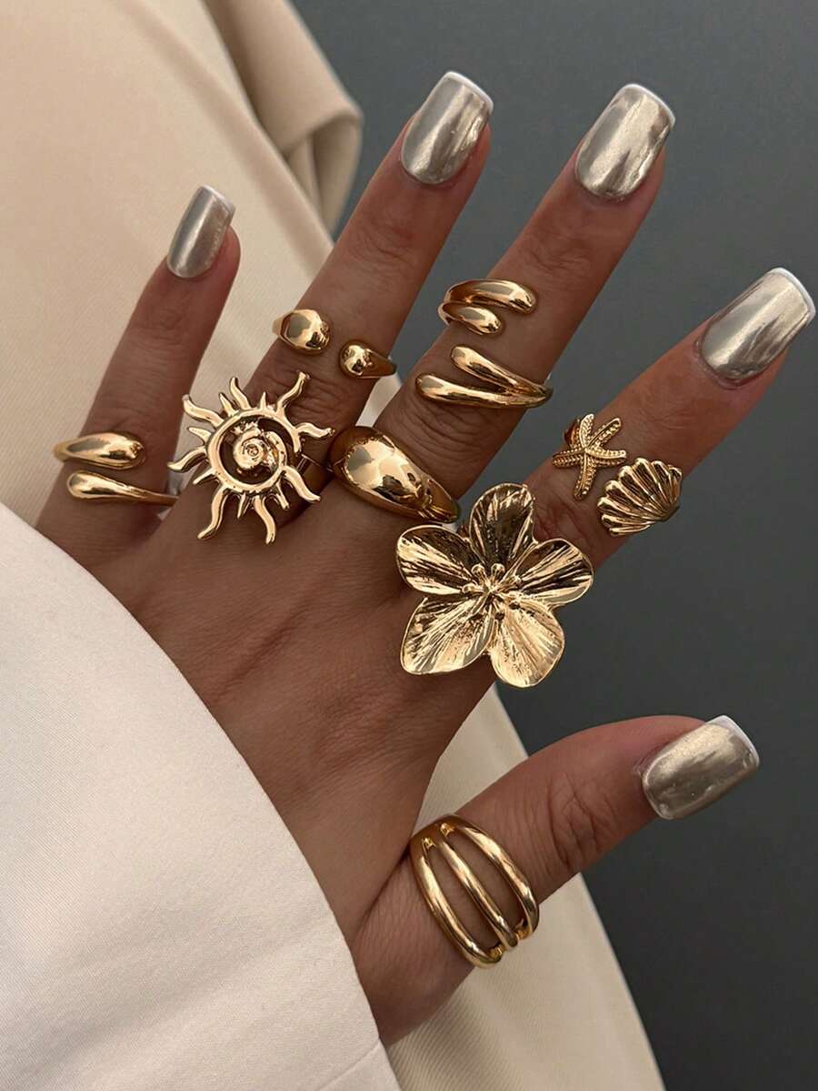 Set de 8 piezas de anillos de estilo bohemio de verano con diseños retro lisos, conchas marinas, estrellas de mar, florales, gotas de agua y en forma de estrella