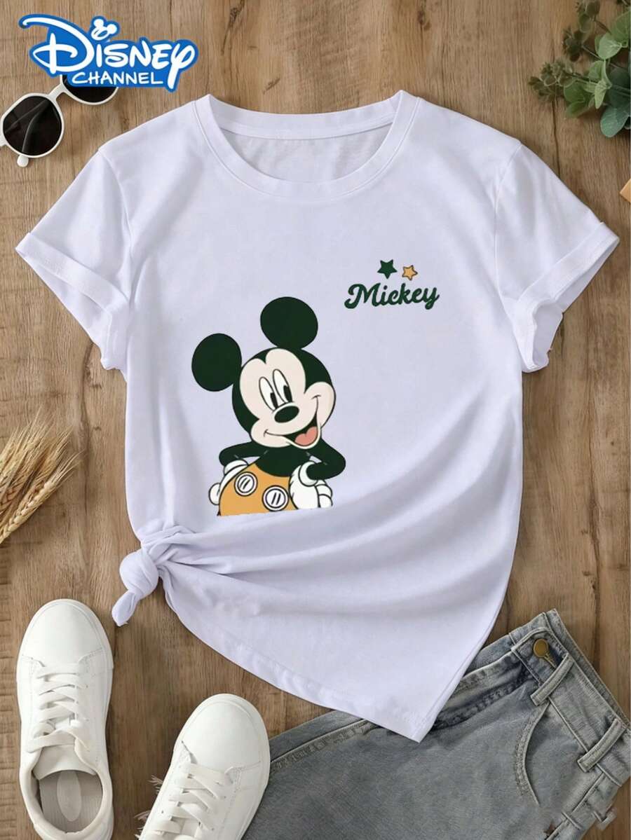This Disney Women's T-Shirt Features A Retro Green Mickey Mouse Theme With Star Embellishments And A Casual, Versatile Style. Perfect For Vacations And Disneyland Visits. Made From Soft, Comfortable, And Durable Fabric, This Spring/Summer Women's Crew Neck T-Shirt Is Ideal For Everyday Wear-Shopping, Parties, Travel, Or Gatherings. It Also Makes A Lovely Gift. - White - View 1