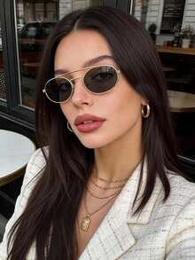 1 pieza Gafas de moda con marco ovalado pequeño estilo retro Y2K, elegantes y refinadas, casuales y versátiles, adecuadas para mujeres en diversas ocasiones - pieza gris marco dorado - Ver 4