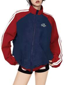 Y2K Sporty Chic! Navy Blue & Red Contrast Raglan Sleeve Baseball Jacket, Vintage Embroidered Loose Fit Bomber Coat - Multicolor - View 7
